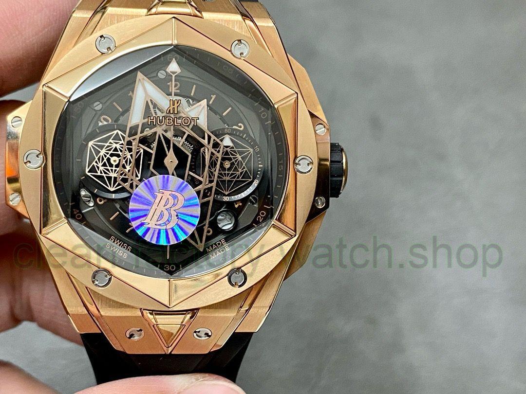 BBF Factory Hublot Big Bang Sang Bleu II 45mm 418.OX.1108.RX.MXM19 Rose Gold Black Rubber Strap Black Skeletonized Dial