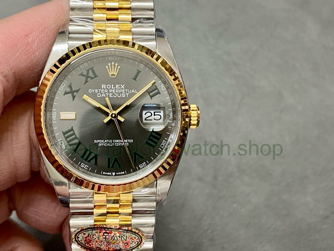 Clean Factory Rolex Datejust 126233-0035 36MM Half Gold Roman Numerals Wimbledon Grey Dial Jubilee 1 3c55a3c7 5e23 4efc 972f 3458683950f6 1 Clean Factory Watch
