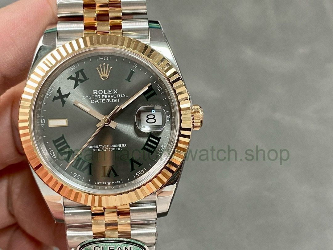 Clean Factory Rolex Datejust 126331-0016 41MM Half Rose Roman Numerals Wimbledon Grey Dial Jubilee 1 64652b45 08c3 4c3f 8fa1 ebdaf45ae09a Clean Factory Watch