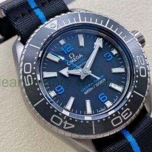 SBF Factory Omega Seamaster Ultra Deep 6000M 215.92.46.21.01.001 45.5mm Titanium Textile Strap Black Dial at 45degree angle