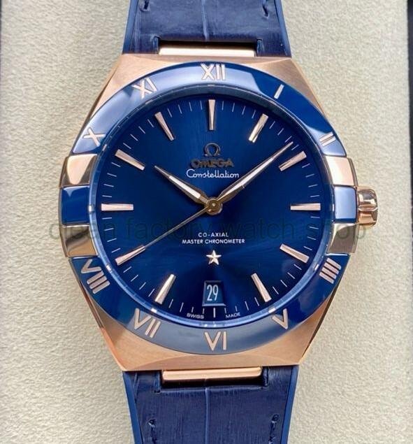 SBF Factory Omega Constellation Co-Axial Master Chronometer 131.63.41.21.03.001 41mm Rose Gold Leather Strap Blue Dial