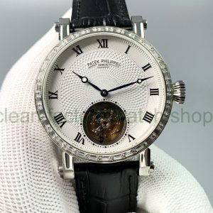 Tourbillon Patek Philippe 42mm Diamond Bezel Steel Leather Strap Romance Number Silver Dial 4 2153baf5 7870 4f82 9108 3c549b233936 Clean Factory Watch