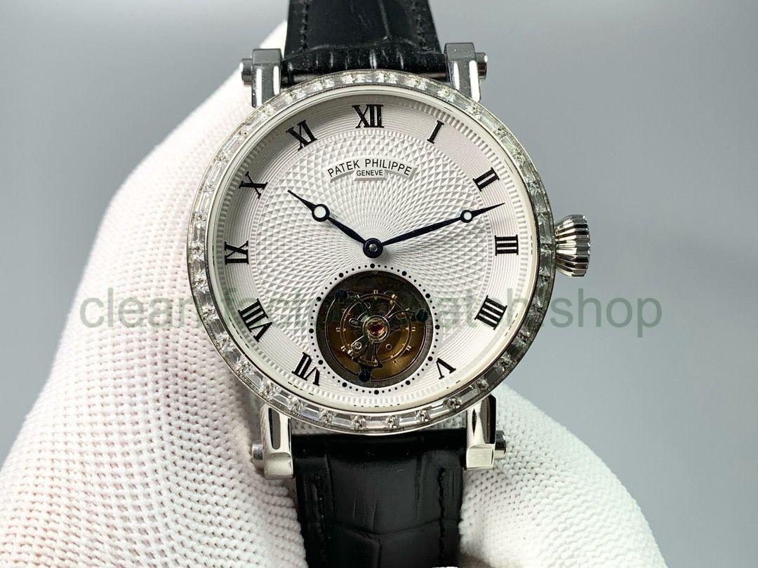 Tourbillon Patek Philippe 42mm Diamond Bezel Steel Leather Strap Romance Number Silver Dial 1 2153baf5 7870 4f82 9108 3c549b233936 Clean Factory Watch