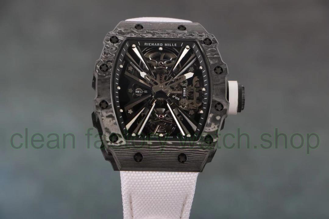 RM Factory Richard Mille RM12-01 39mm Black Carbon Fiber White Canvas Strap Skeletonized Black Dial 1 3331be1f 115f 4b5d aa34 8c040ea0afa0 Clean Factory Watch