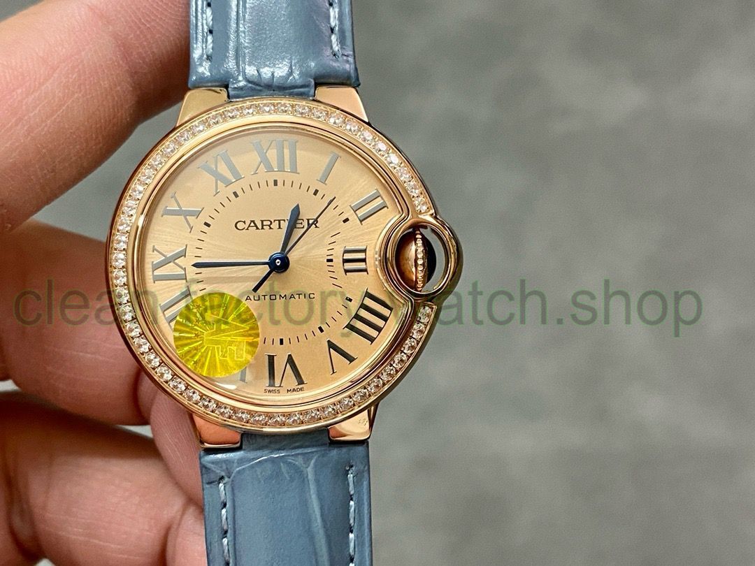 AF Factory Cartier Ballon Bleu WJBB0076 33mm Diamond Bezel Rose Gold Blue Leather Strap Roman Numerals Champagne Dial 1 5e9e441a de71 462c a285 e781d9ebe1a2 Clean Factory Watch