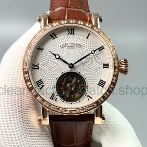 Tourbillon Patek Philippe 42mm Diamond Bezel Rose Gold Leather Strap Romance Number Silver Dial 2 676ee2ac af0b 43aa b37a 4b3e37229125 Clean Factory Watch