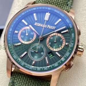 OMF Factory Audemars Piguet Code 11.59 26393OR.OO.A056KB.01 41mm Rose Gold Canvas Strap Lines Green Dial upclose