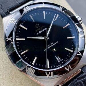 SBF Factory Omega Constellation 131.33.41.21.01.001 41mm Steel Leather Strap Black Dial upclose angle
