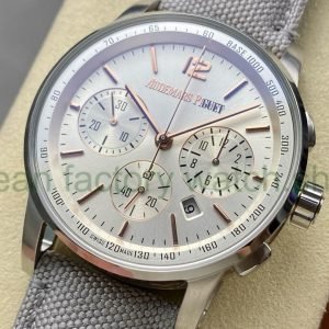 OMF Factory Audemars Piguet Code 11.59 26393CR.OO.A008KB.01 41mm Rose Gold&Steel Canvas Strap Silver Dial upclose