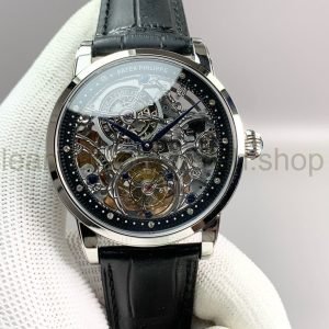 Tourbillon Patek Philippe 43mm Steel Leather Strap Skeletonized Black Dial 22 9c0b5110 96e4 495a 8842 dbdeefb6902c Clean Factory Watch