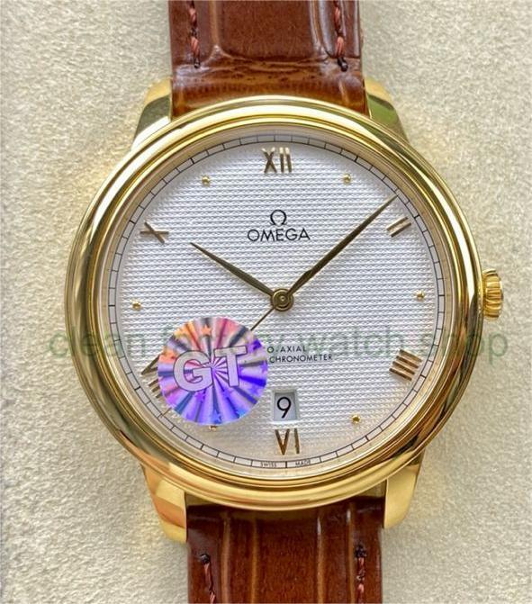 GT Factory Omega De Ville Co-Axial 434.53.40.20.02.002 40mm Gold Leather Strap,Gold Point&Roman Number Silver Pupil Dial 1 a080e004 7755 423a b814 043080b2c138 Clean Factory Watch