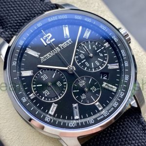 OMF Factory Audemars Piguet Code 11.59 26393BC.OO.A002KB.02 41mm Steel Canvas Strap Diamond Baguette Black Dial at 45degree