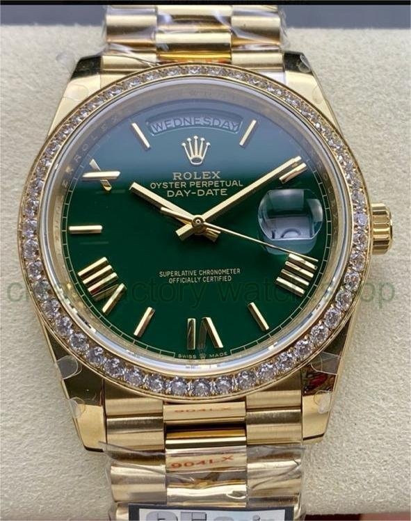 QF Factory 'Counterweight 183g' Rolex Day-Date 40 228348RBR-0045 40mm Diamond Bezel Full Yellow Gold Roman Number Green Dial 1 b8b9cb70 e1d5 4803 ab2a ceb385eb6e36 Clean Factory Watch