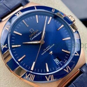 SBF Factory Omega Constellation Co-Axial Master Chronometer 131.63.41.21.03.001 41mm Rose Gold Leather Strap Blue Dial at 45degree angle
