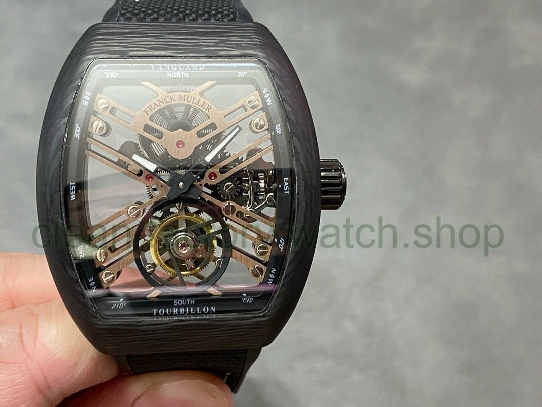FM Factory Franck Muller Tourbillon Vanguard V45 T SQT CARBON.ER 44mm Carbon Rubber&Canvas Strap Champagne Skeleton Dial 1 bba4f52f 7cea 46e1 8247 b157a632c86d Clean Factory Watch