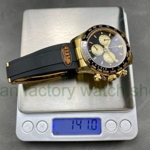 QF Factory ‘counterweight 140g’ Rolex Daytona 126518LN-0004 40mm Yellow Gold Rubber Strap Black Dial weigh 141g