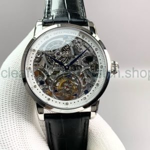 Tourbillon Patek Philippe 43mm Steel Leather Strap Skeletonized White Dial 24 cf33a79e 2ac2 4b13 abd4 b92d1c84ebe0 Clean Factory Watch