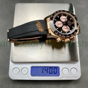 QF Factory ‘Counterweight 140g’ Rolex Daytona 126515LN-0002 40mm Rose Gold Rubber Strap Black Dial weighs 140g