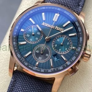 OMF Factory Audemars Piguet Code 11.59 26393OR.OO.A348KB.01 41mm Rose Gold Canvas Strap Lines Blue Dial upclose