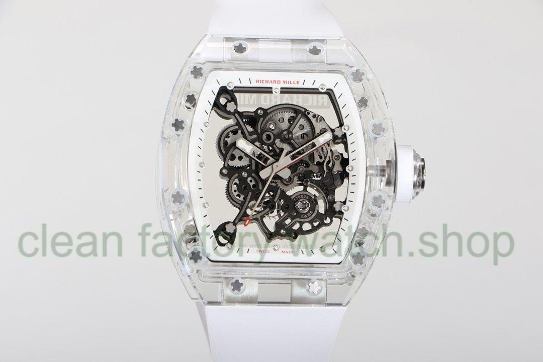 RM Factory Richard Mille RM 055 43mm Transparent Crystal White Rubber Strap Skeletonized White Dial 1 e5680013 9905 4fbb 889b 33c2a360c2d4 Clean Factory Watch