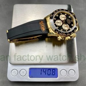 QF Factory ‘counterweight 140g’ Rolex Daytona 126518LN 40mm Yellow Gold Rubber Strap Diamond Black Dial weighs 140.8g
