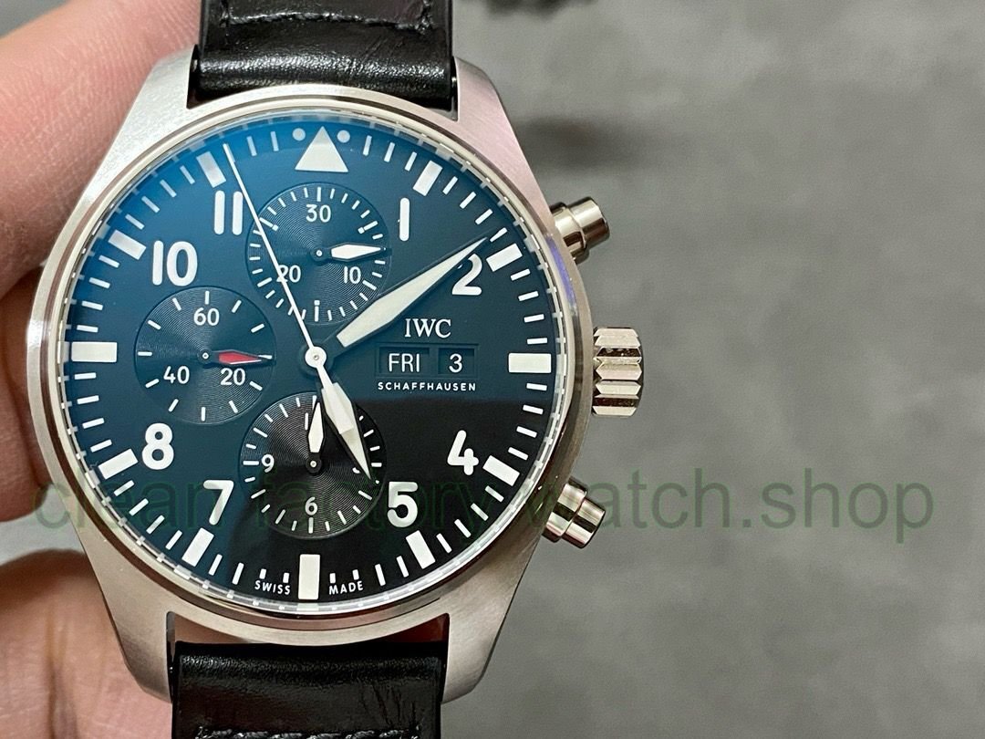 ZF Factory IWC Pilot Chronograph IW388111 43mm Steel Leather Strap Black Arabic Numerals Dial 1 edcd6f4d 07c6 4be3 b641 bde206ed48bb Clean Factory Watch