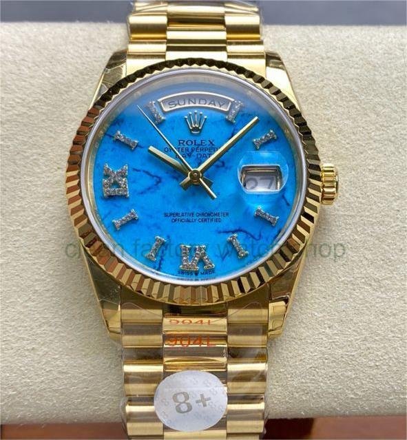 8+ Factory ‘Counterweight’ Rolex Day-Date 128238-0071 36mm Full Yellow Gold Roman Numerals&Diamond Blue Dial