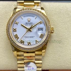 8+ Factory ‘Counterweight’ Rolex Day-Date 128348RBR-0042 36mm Diamond Bezel Full Yellow Gold Roman Numerals White Dial 16 2acb97fc 9ac5 4953 8f4f e3910c36e2e8 Clean Factory Watch