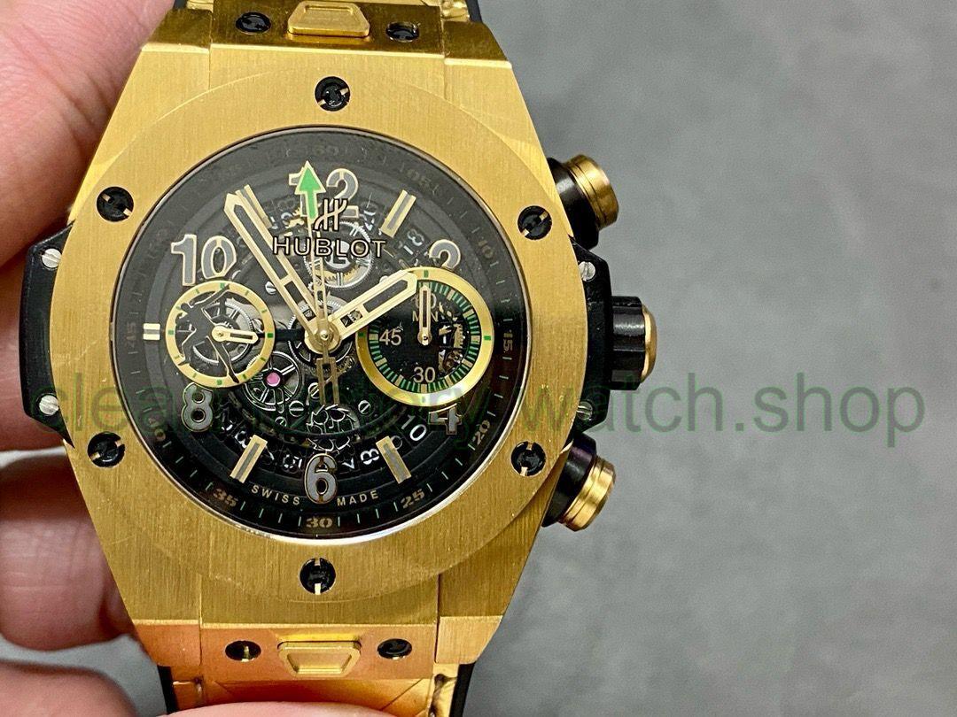 HUB Factory Hublot Big Bang Unico 411.VX.1189.VR.USB16 45mm Yellow Gold Leather Strap Arabic Numerals Skeletonized Dial 1 HUB Factory Hublot Big Bang Unico 411.VX.1189.VR.USB16 45mm Yellow Gold Leather Strap Arabic Numerals Skeletonized Dial