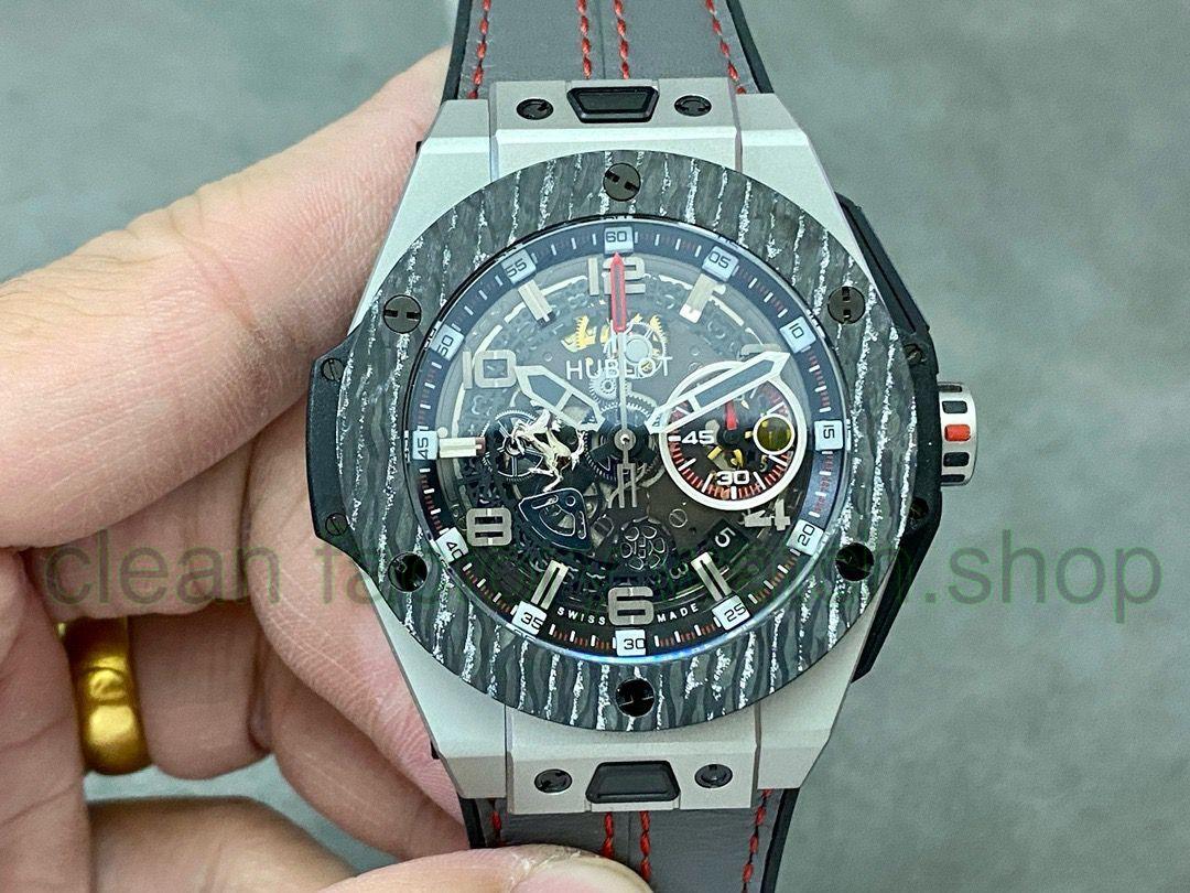 HUB Factory Hublot Big Bang Ferrari 401.NJ.0123.VR 45mm Carbon Leather Strap Arabic Numerals Skeletonized Dial 1 HUB Factory Hublot Big Bang Ferrari 401.NJ.0123.VR 45mm Carbon Leather Strap Arabic Numerals Skeletonized Dial