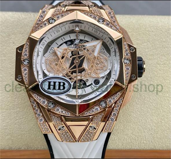 HB Factory Hublot Big Bang Sang Bleu 418.OX.2001.RX.1604.MXM20 45mm Rose Gold&Diamond White Rubber Strap Skeletonized White Dial 1 8cf9a9ae d163 48fb bd5d e9dc83b2f138 Clean Factory Watch