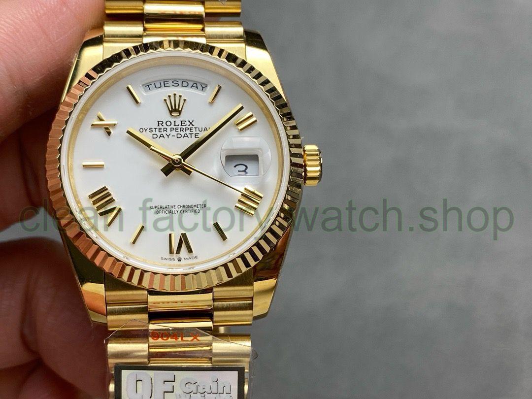 QF Factory Counterweight Rolex Day-Date 36 128238-0076 36mm Full Yellow Gold Roman Numerals White Dial 1 91d6fad5 79d2 409e bffd 41f16dc248bf Clean Factory Watch