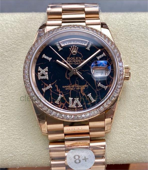 8+ Factory ‘Counterweight’ Rolex Day-Date 128345RBR-0044 36mm Diamond Bezel Full Rose Gold Roman Numerals&Diamond Black Dial 1 9e98e1c7 26ae 4c21 9a89 add1b0129612 Clean Factory Watch