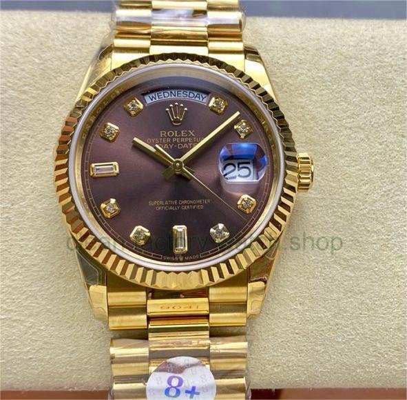 8+ Factory ‘Counterweight’ Rolex Day-Date 128238 36mm Full Yellow Gold Diamond Mope&Baguette Diamond Brown Dial