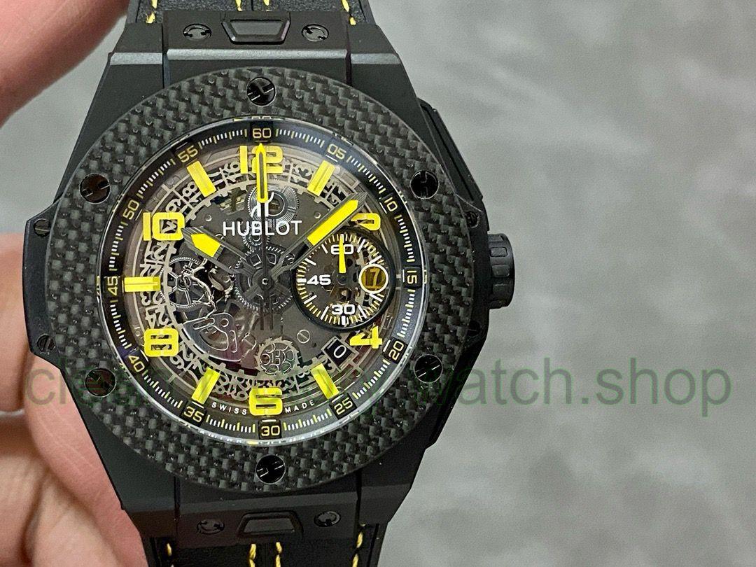 HUB Factory Hublot Big Bang Ferrari 401.CQ.0129.VR 45mm Carbon Leather Strap Arabic Numerals Skeletonized Dial 1 HUB Factory Hublot Big Bang Ferrari 401.CQ.0129.VR 45mm Carbon Leather Strap Arabic Numerals Skeletonized Dial