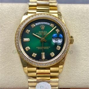 8+ Factory ‘Counterweight’ Rolex Day-Date 128348RBR-0035 36mm Diamond Bezel Full Yellow Gold Diamond Mope&Baguette Diamond Green Dial 14 b285ab37 2494 4942 80e3 9f469a8b329b Clean Factory Watch