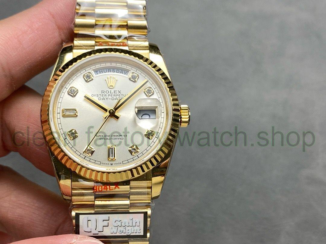 QF Factory Counterweight Rolex Day-Date 36 128238 36mm Full Yellow Gold Diamond Mope&Baguette Diamond Silver Dial 1 be13588f 38e6 4039 abeb c7e77a644743 Clean Factory Watch