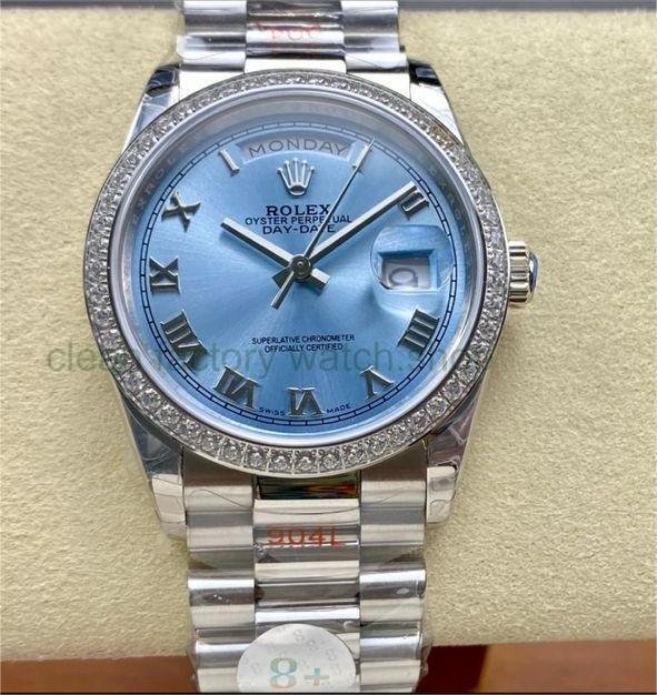 8+ Factory ‘Counterweight’ Rolex Day-Date 128396TBR 36mm Diamond Bezel Full Platinum Roman Numerals Ice Blue Dial 1 d6cfbeaf 7e34 4c07 8f29 7a0dba9ffcc6 Clean Factory Watch