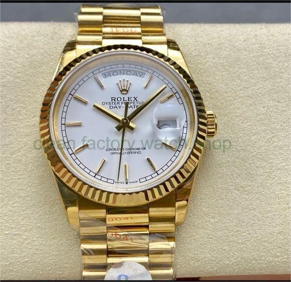 8+ Factory ‘Counterweight’ Rolex Day-Date 128238-0081 36mm Full Yellow Gold White Dial