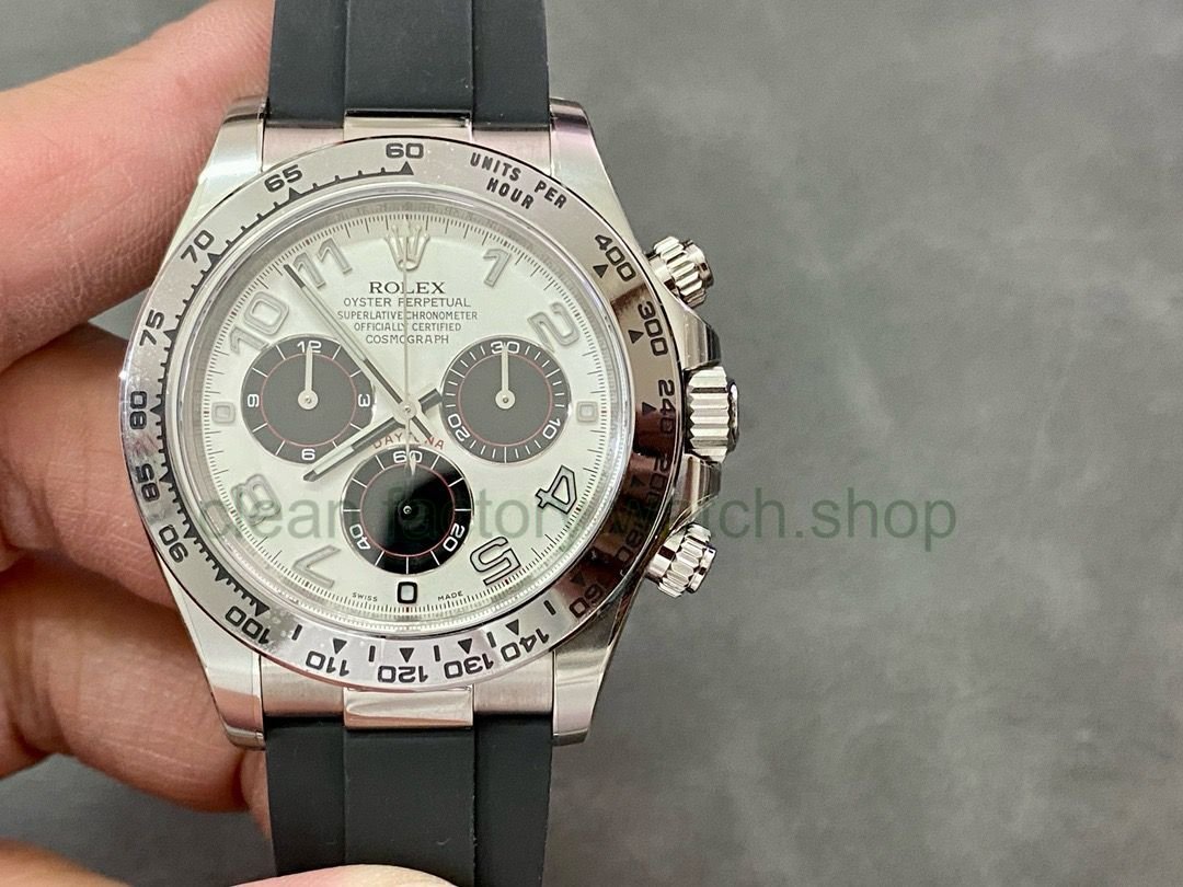 Clean Factory Rolex Daytona 116519LN 40MM White Gold Rubber Strap Arabic Number Black Eye White Dial 1 f5edf0b4 d2f9 46e1 bd61 54d1ab739b88 Clean Factory Watch