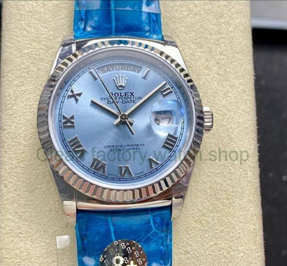8+ Factory ‘counterweight’ Rolex Day-Date 36mm 128236-0008 White Gold Crocodile Leather Strap Roman Numerals Ice Blue Dial 1 0b2a2467 cefc 4adf af94 72b96c19cf6a Clean Factory Watch
