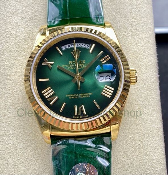 8+ Factory ‘counterweight’ Rolex Day-Date 36mm 128238-0118 Yellow Gold Crocodile Leather Strap Roman Numerals Green Ombré Dial 1 0b90bc6f 0255 4760 9689 002f14f538b2 Clean Factory Watch