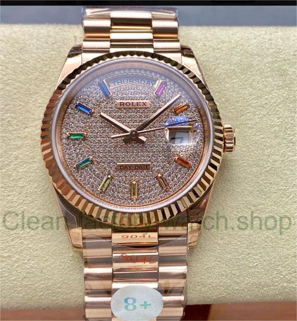8+ Factory Counterweight Rolex Day-Date 128235-0039 36mm Full Rose Gold Baguette Diamond Rose Gold Dial 1 0d7161a5 6697 4d48 82db 314863357e7c Clean Factory Watch