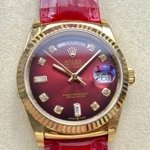 8+ Factory ‘counterweight’ Rolex Day-Date 36mm 128238 Yellow Gold Crocodile Leather Strap Diamond Mope&Baguette Diamond Red Ombré Dial 10 2664b230 6f61 4e75 a9b2 5be51f3bc87a Clean Factory Watch