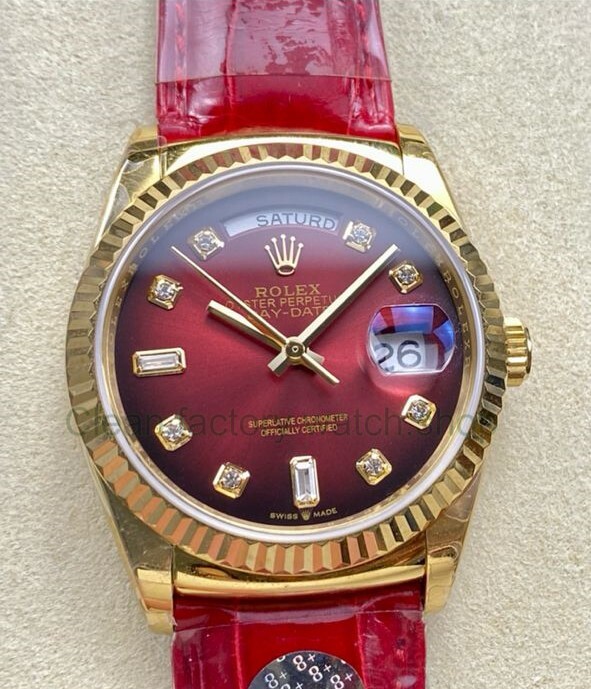 8+ Factory ‘counterweight’ Rolex Day-Date 36mm 128238 Yellow Gold Crocodile Leather Strap Diamond Mope&Baguette Diamond Red Ombré Dial 1 2664b230 6f61 4e75 a9b2 5be51f3bc87a Clean Factory Watch