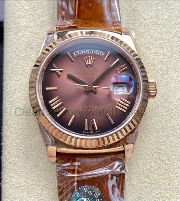 8+ Factory ‘counterweight’ Rolex Day-Date 36mm 128235-0075 Rose Gold Crocodile Leather Strap Roman Numerals Brown Ombré Dial 1 310f7898 22d9 43c6 b14f ff191ff9c86b Clean Factory Watch