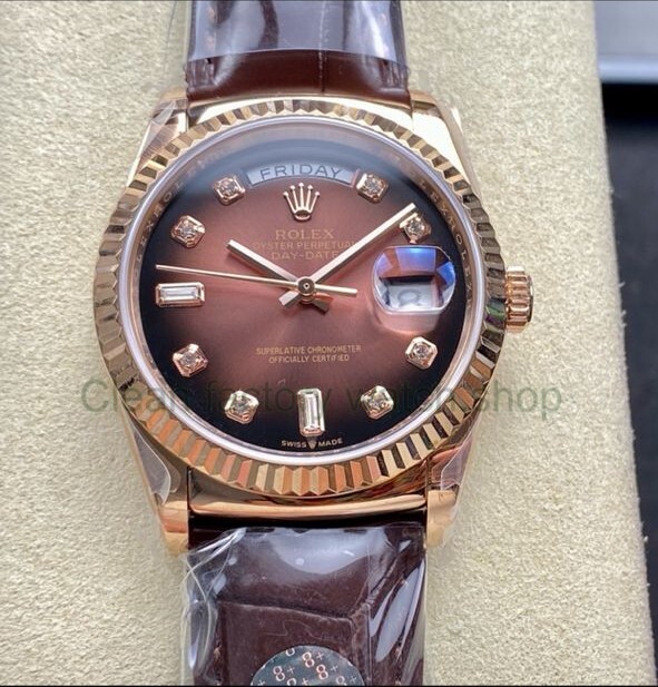 8+ Factory ‘counterweight’ Rolex Day-Date 36mm 128235-0037 Rose Gold Crocodile Leather Strap Diamond Mope&Baguette Diamond Brown Ombré Dial 1 34050f8c bd13 4caf 981d 2e6b293f98d9 Clean Factory Watch