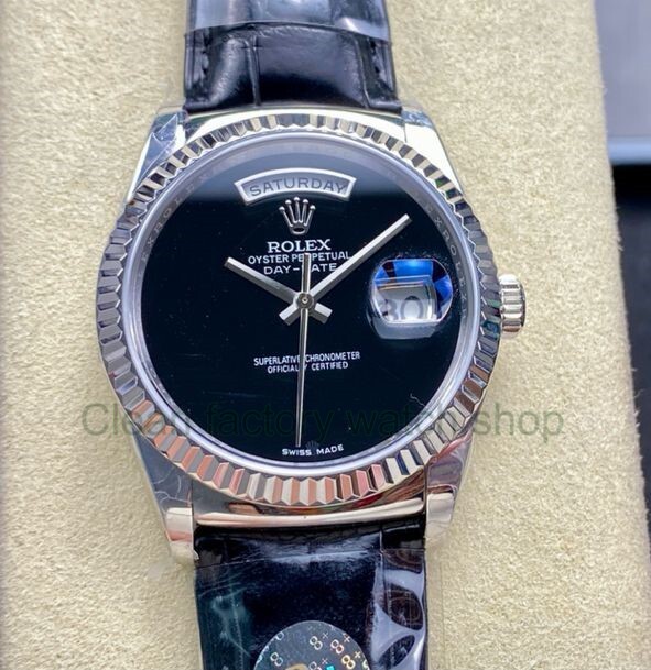 8+ Factory ‘counterweight’ Rolex Day-Date 36mm 18206 White Gold Crocodile Leather Strap Black Dial 1 4ec93119 44a4 4687 9453 4677f9a50503 Clean Factory Watch