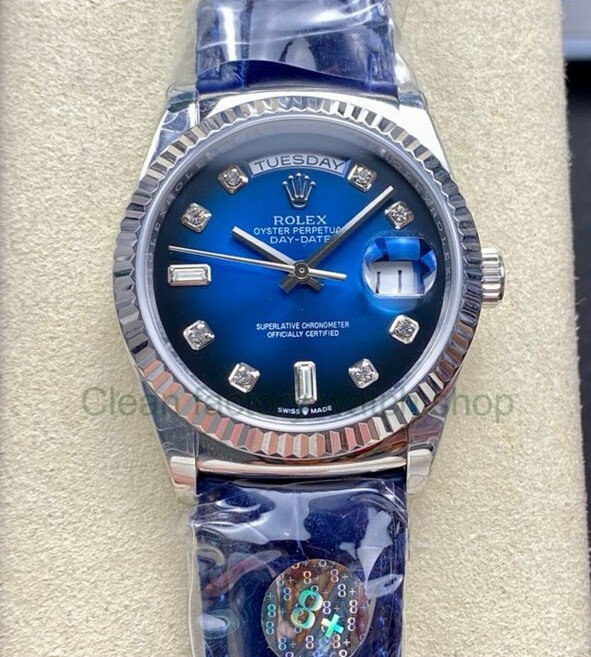 8+ Factory ‘counterweight’ Rolex Day-Date 36mm 128239-0023 White Gold Crocodile Leather Strap Diamond Mope&Baguette Diamond Blue Ombré Dial 1 5fd5481e 796f 43a1 b9aa 0894d0ecdfa1 Clean Factory Watch