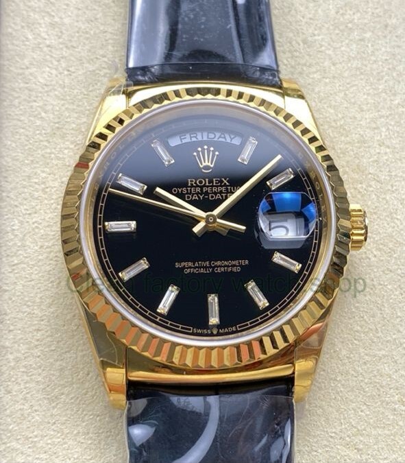 8+ Factory ‘counterweight’ Rolex Day-Date 36mm 128238 Yellow Gold Crocodile Leather Strap Baguette Diamond Black Dial 1 66eb8b4e f017 4bb0 a3f1 db4251eb274c Clean Factory Watch